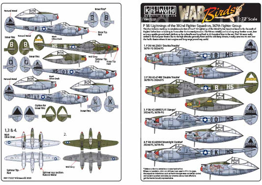 Kits World 172227 Aircraft Decals 1:72 Lockheed P-38J Lightning 44-23511, 42-674