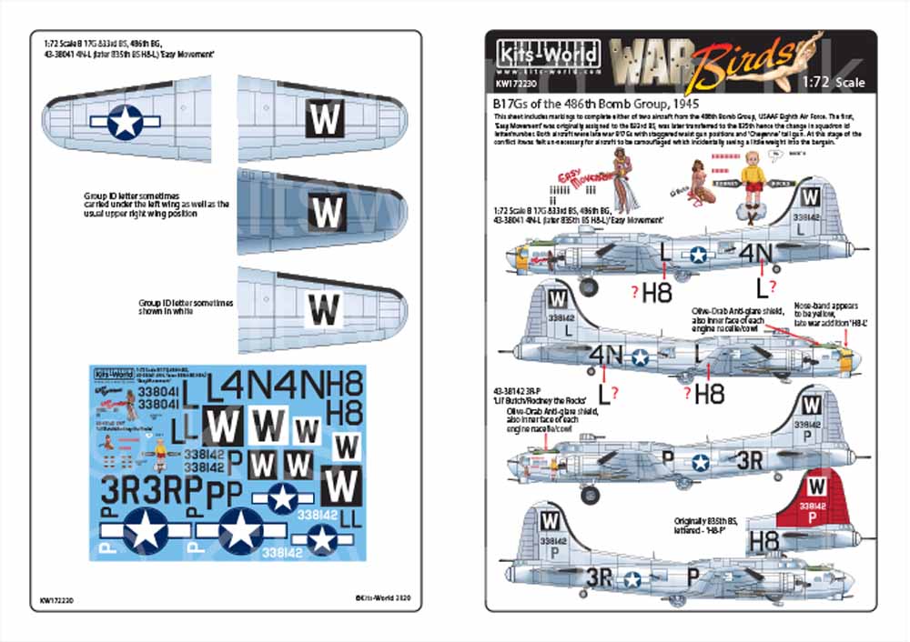 Kits World 172230 Aircraft Decals 1:72 Boeing B-17G Flying Fortress 486th BG, 43