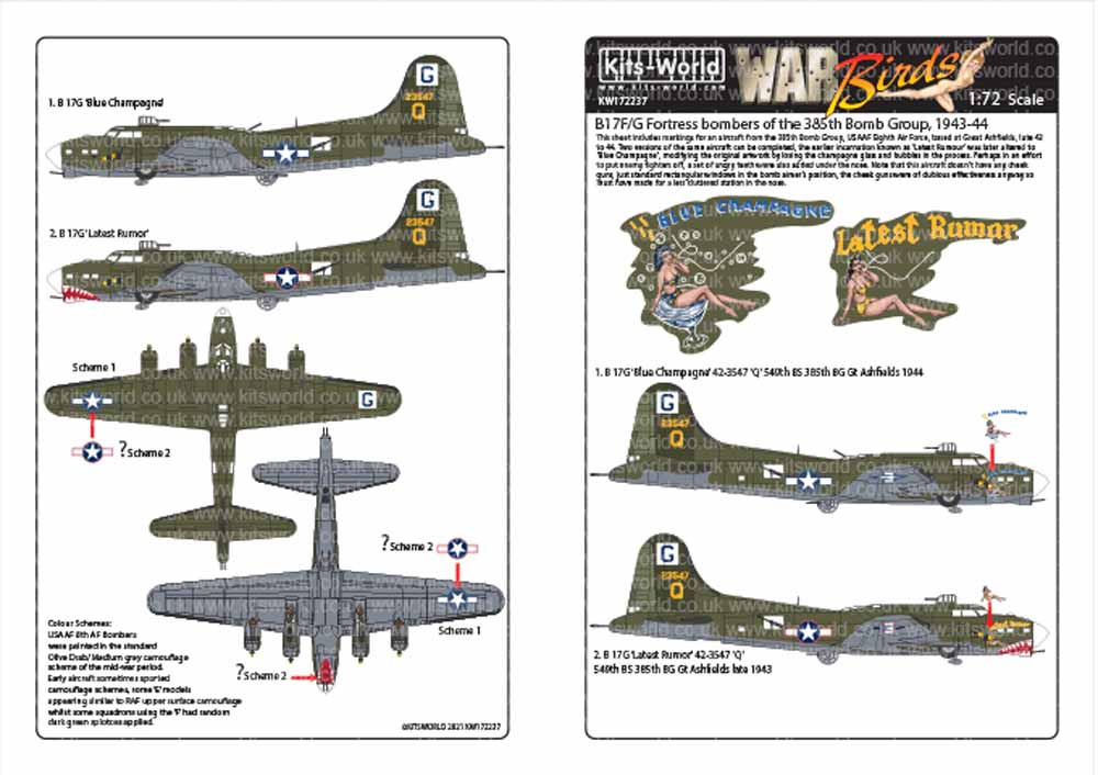 Kits World 172237 Aircraft Decals 1:72 Boeing B-17G Flying Fortress 42-3547