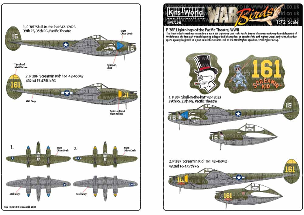 Kits World 172248 Aircraft Decals 1:72 Lockheed P-38 Lightnings - Early War.P-38