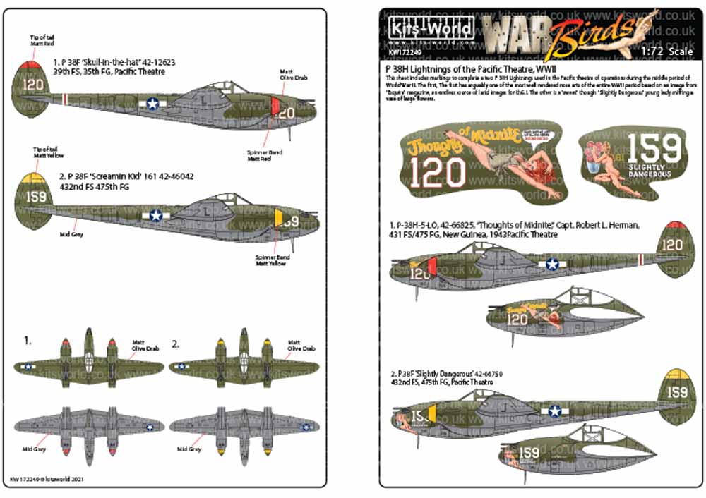 Kits World 172249 Aircraft Decals 1:72 Lockheed P-38 Lightnings - Early War.P-38