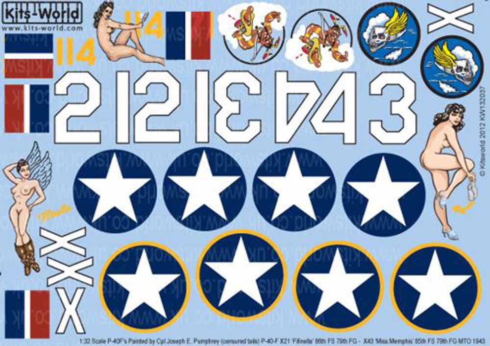 Kits World 132037 Aircraft Decals 1:32 Curtiss P-40F Warhawk/Kittyhawk Painted b