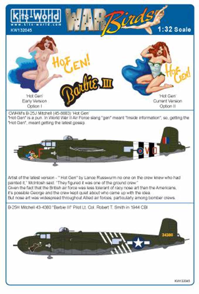 Kits World 132045 Aircraft Decals 1:32 CWHM's North-American B-25J Mitchell 'Hot