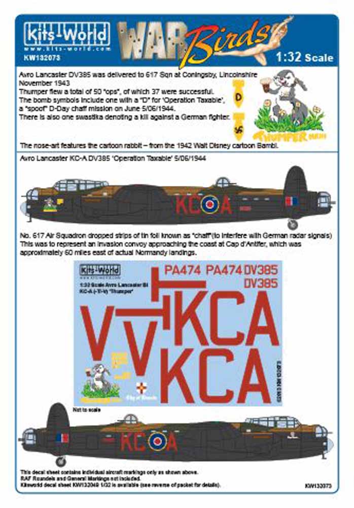 Kits World 132073 Aircraft Decals 1:32 Avro Lancaster B.I/III KC-A (-T/-V) PA474