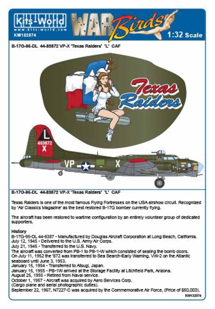 Kits World 132074 Aircraft Decals 1:32 Boeing B-17G-95-DL Flying Fortress 44-838