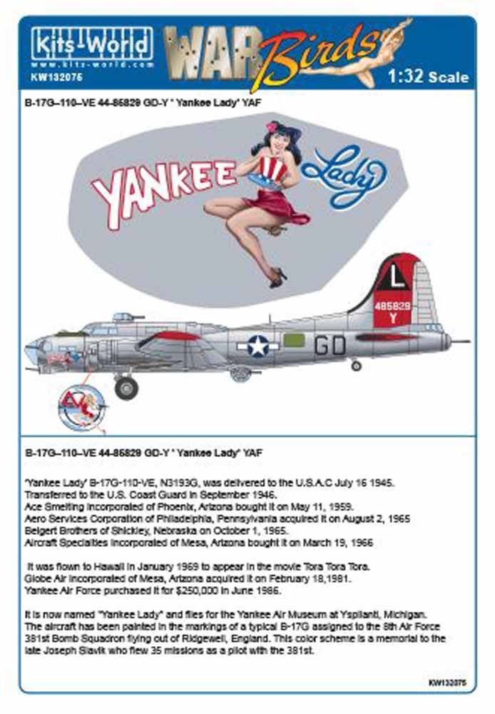 Kits World 132075 Aircraft Decals 1:32 Boeing B-17G 110 VE Flying Fortress 44-85