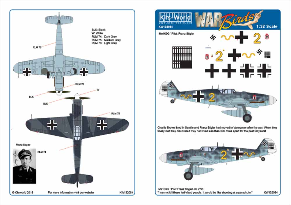 Kits World 132084 Aircraft Decals 1:32 Messerschmitt Bf-109G-6 JG/27/6 Pilot Fra