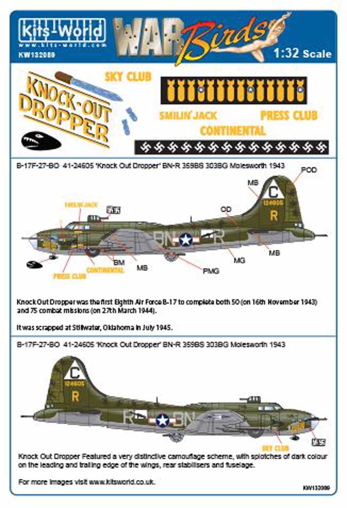Kits World 132089 Aircraft Decals 1:32 Boeing B-17F-27-BO Flying Fortress 41-246