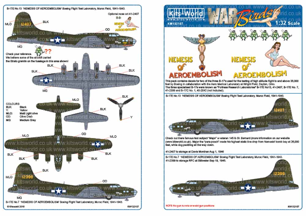 Kits World 132107 Aircraft Decals 1:32 Aoeing B-17E Fling Fortress 41-2407 No.13