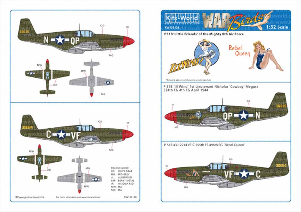 Kits World 132128 Aircraft Decals 1:32 North-American P-51B Mustang 43-6636 QP-N