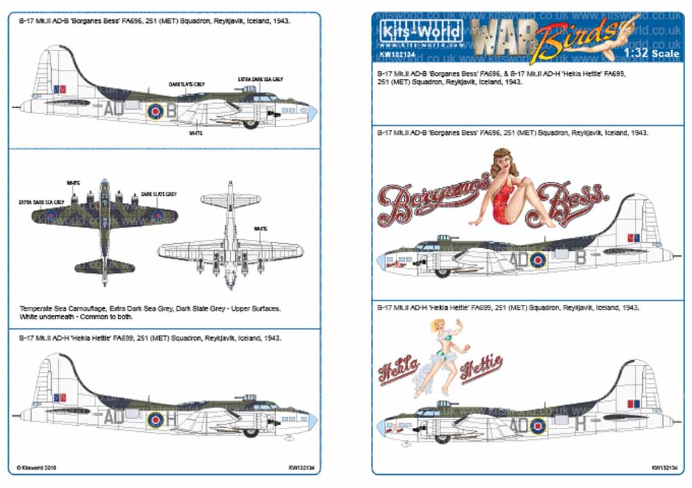 Kits World 132134 Aircraft Decals 1:32 Boeing B-17 Mk.III Borganes Bess