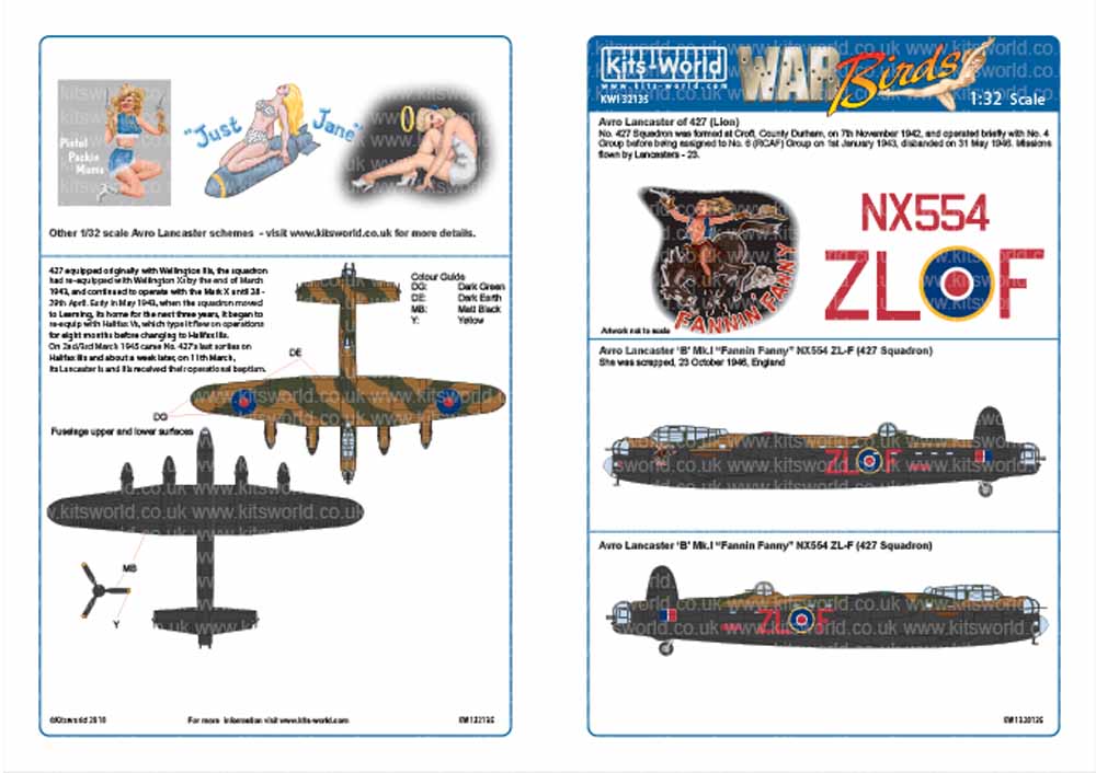 Kits World 132135 Aircraft Decals 1:32 Avro Lancaster Bomber 'B' Mk.I -427 (Lion