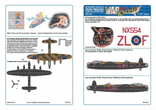 Kits World 132135 Aircraft Decals 1:32 Avro Lancaster Bomber 'B' Mk.I -427 (Lion