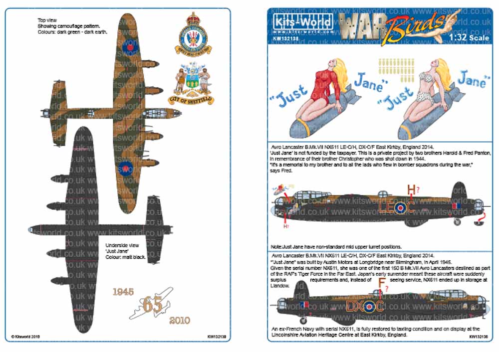 Kits World 132138 Aircraft Decals 1:32 Avro Lancaster B Mk.VII, NX611, LE-C/H DX