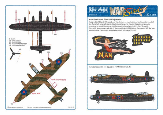 Kits World 132140 Aircraft Decals 1:32 Avro Lancaster Bomber 'B' MkI - 434 Sqaud