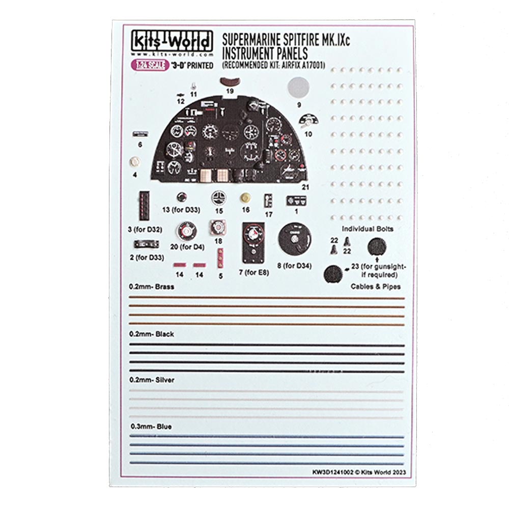 Kits World RAF Spitfire Mk.IXc Instrument Panels 1:24 Decal Set Airfix A17001