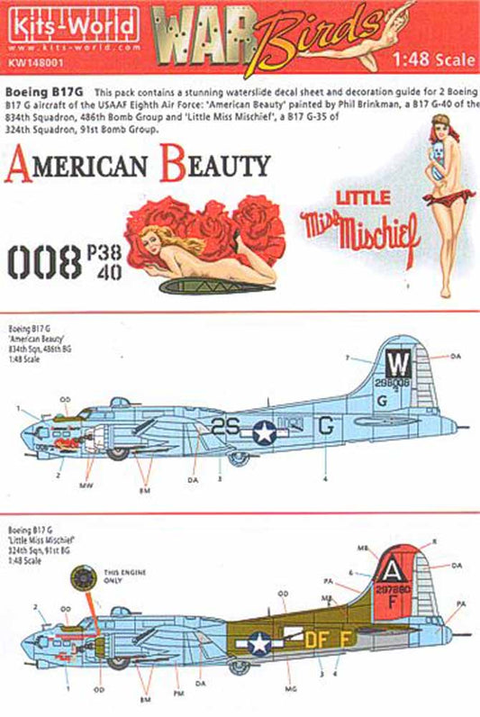 Kits World 148001 Aircraft Decals 1:48 Re-printed! Boeing B-17G Flying Fortress