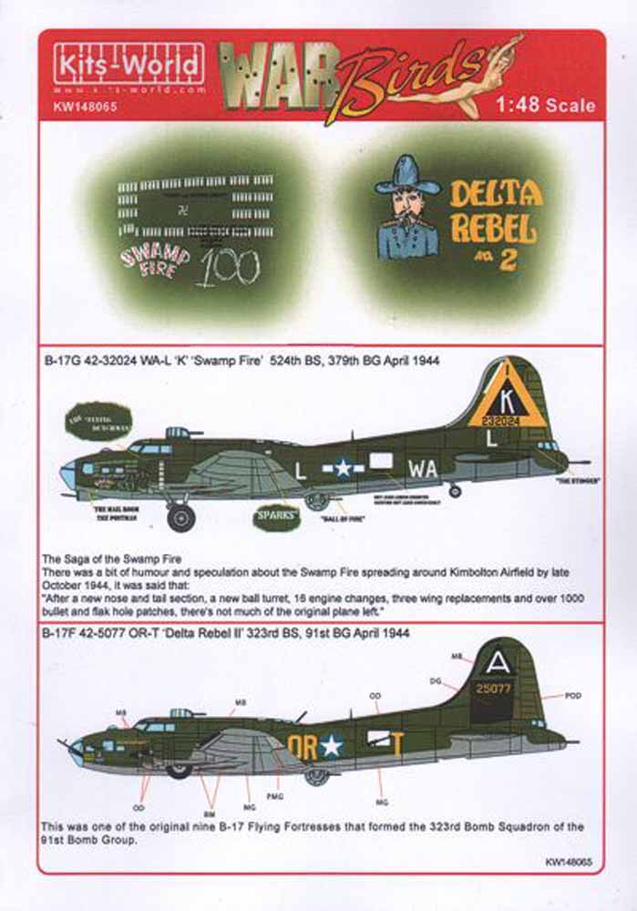 Kits World 148065 Aircraft Decals 1:48 Boeing B-17G Flying Fortress 42-32024 WA-
