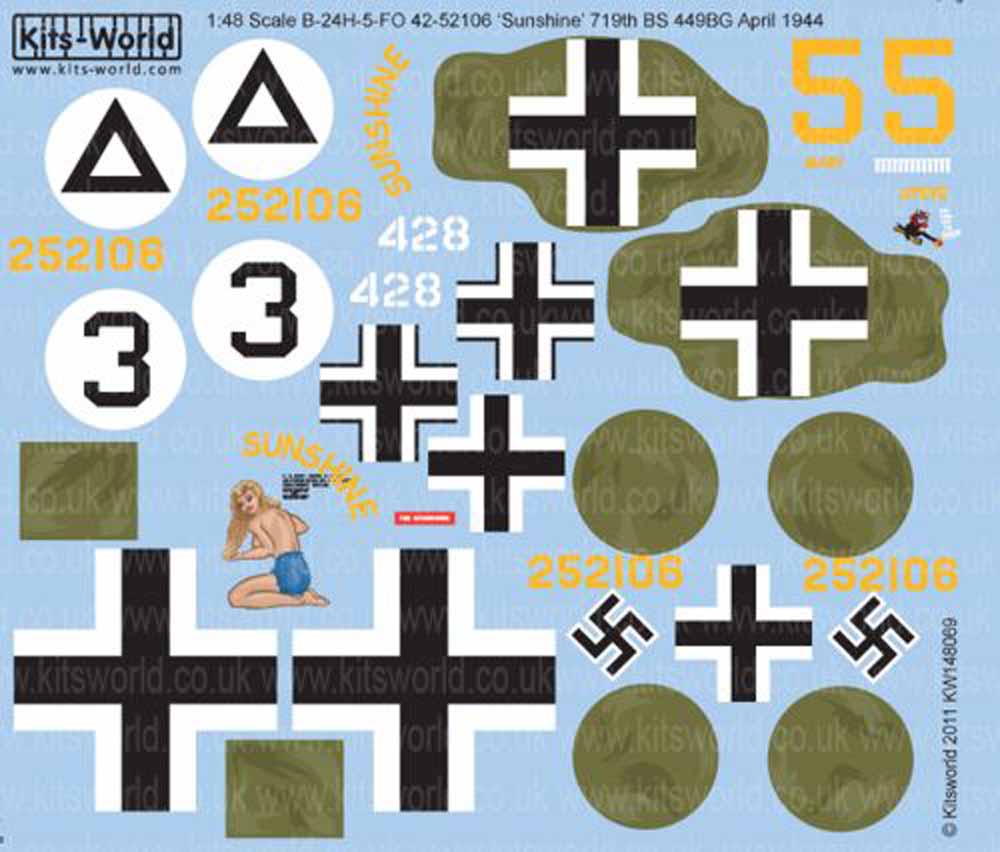 Kits World 148069 Aircraft Decals 1:48 Consolidated B-24H-5-FO 42-52106 'Sunshin
