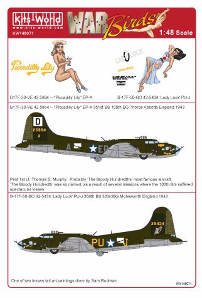 Kits World 148071 Aircraft Decals 1:48 Boeing B-17F Flying Fortress 'Piccadilly