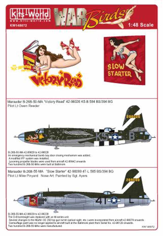Kits World 148072 Aircraft Decals 1:48 Martin B-26 Marauder 'Slow Starter' 42-96