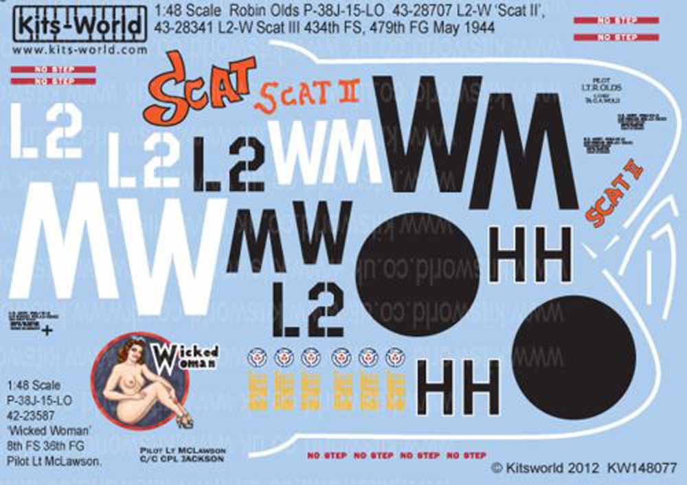 Kits World 148077 Aircraft Decals 1:48 Lockheed P-38J Lightning. 43-28707/28341