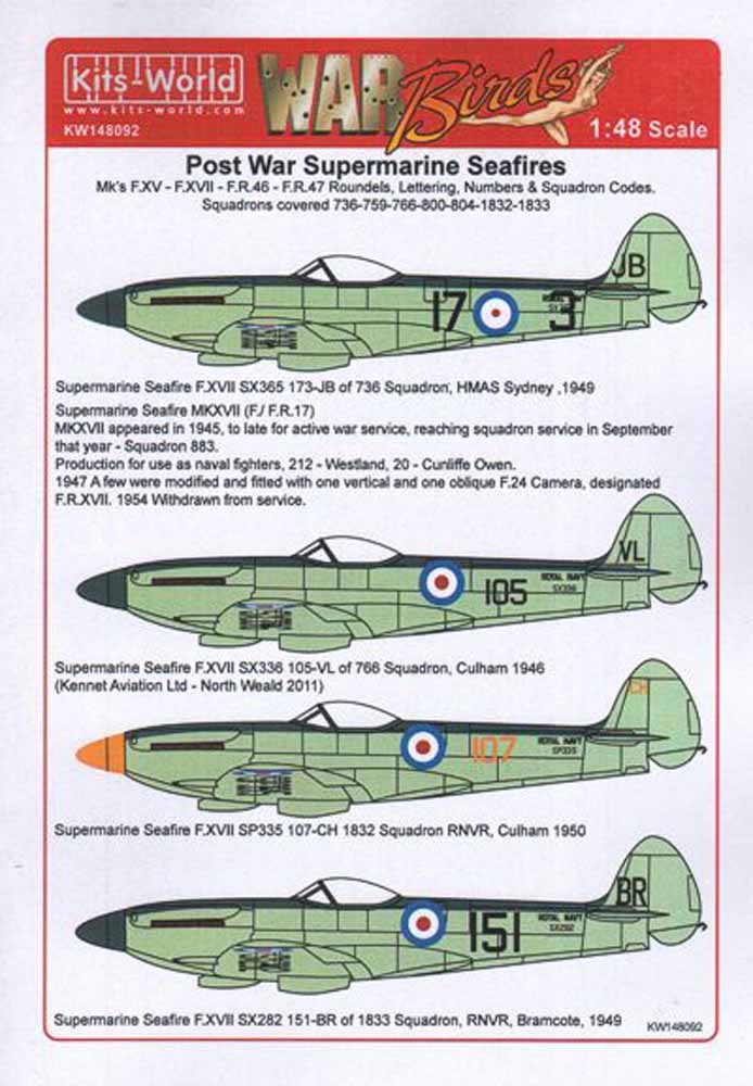 Kits World 148092 Aircraft Decals 1:48 Supermarine Seafire Mk.XVII, Mk.46, Mk.47