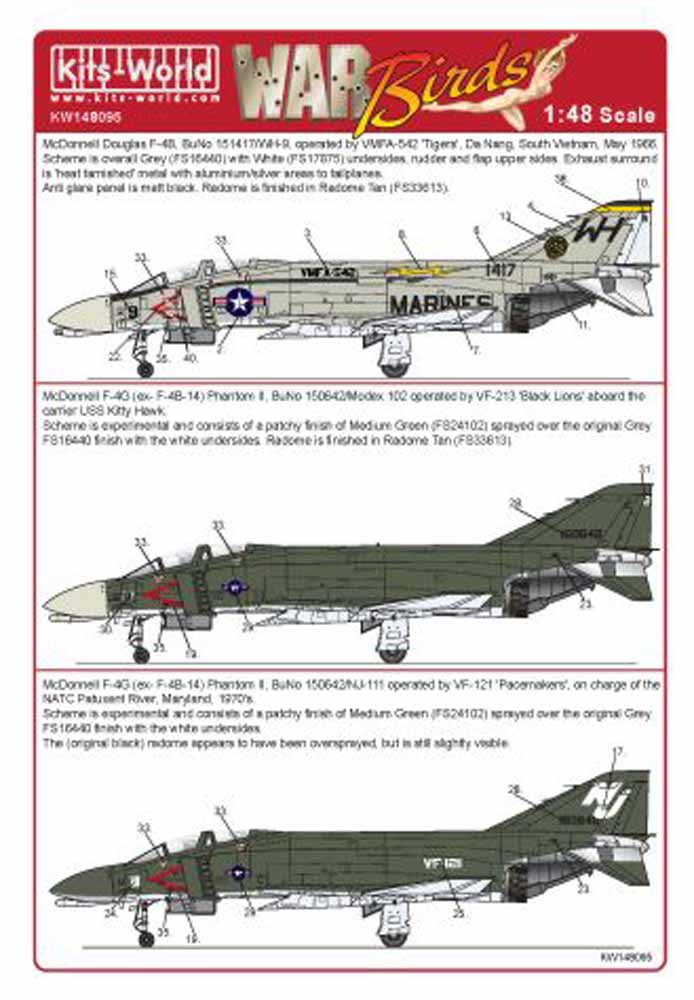 Kits World 148095 Aircraft Decals 1:48 McDonnell F-4B Phantom VF-121 McDonnell F