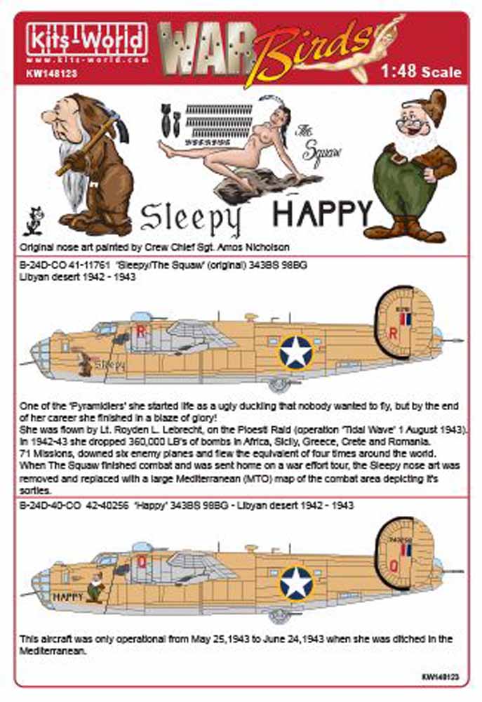 Kits World 148123 Aircraft Decals 1:48 Consolidated B-24D 343 BS 98 BG - CO 41-1