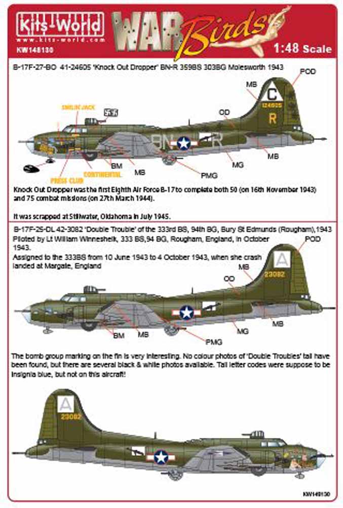Kits World 148130 Aircraft Decals 1:48 Boeing B-17F-27-BO Flying Fortress 41-246