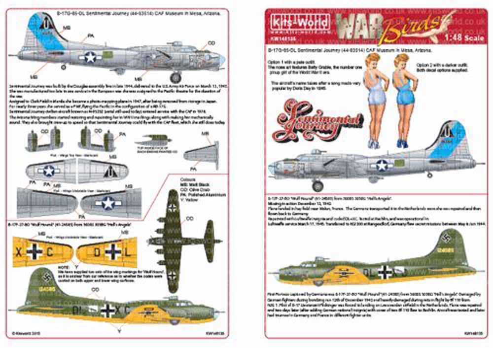 Kits World 148135 Aircraft Decals 1:48 Boeing B-17G 44-83514 'Sentimental Journe