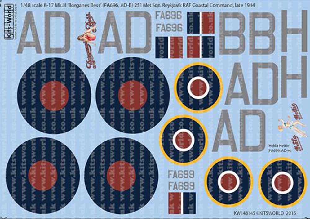 Kits World 148145 Aircraft Decals 1:48 Boeing B-17 Mk.III 'Borganes Bess' (FA696