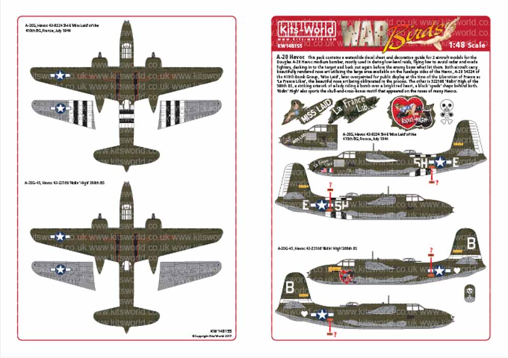 Kits World 148155 Aircraft Decals 1:48 Douglas A-20 Havocs. A-20G, Havoc 43-9224
