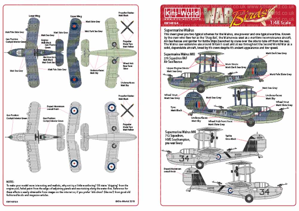 Kits World 148164 Aircraft Decals 1:48 Supermarine Walrus Mk.I 276 Squadron RAF