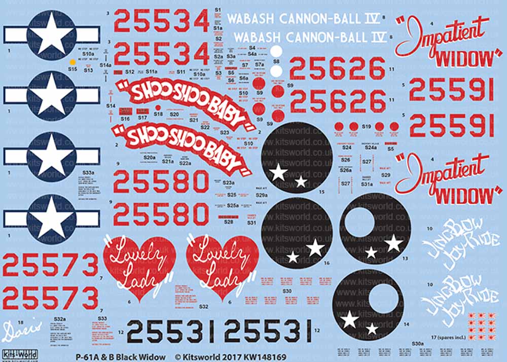 Kits World 148169 Aircraft Decals 1:48 Northrop P-61A-5 Black Widow, 42-5534 Sho