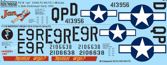 Kits World 148178 Aircraft Decals 1:48 North-American P-51B Mustang 44-13956 QP-