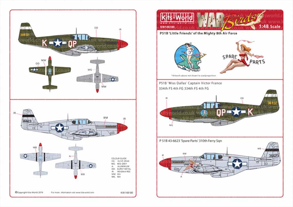 Kits World 148180 Aircraft Decals 1:48 North-American P-51B Mustang 43-6832 QP-K