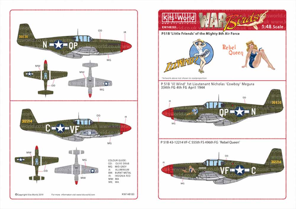 Kits World 148183 Aircraft Decals 1:48 North-American P-51B Mustang 43-6636 QP-N