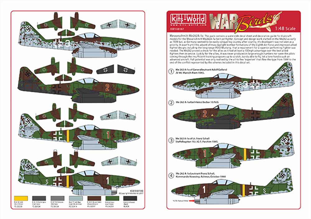 Kits World 148187 Aircraft Decals 1:48 Messerschmitt Me 262A-1a of Generalleutna