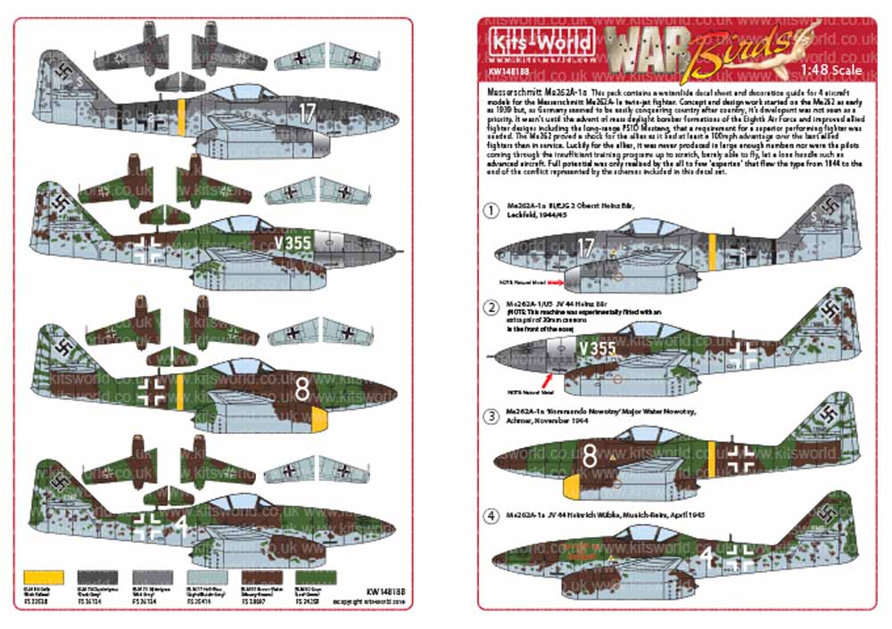 Kits World 148188 Aircraft Decals 1:48 Messerschmitt Me-262A-1a III/EJG 2 Oberst
