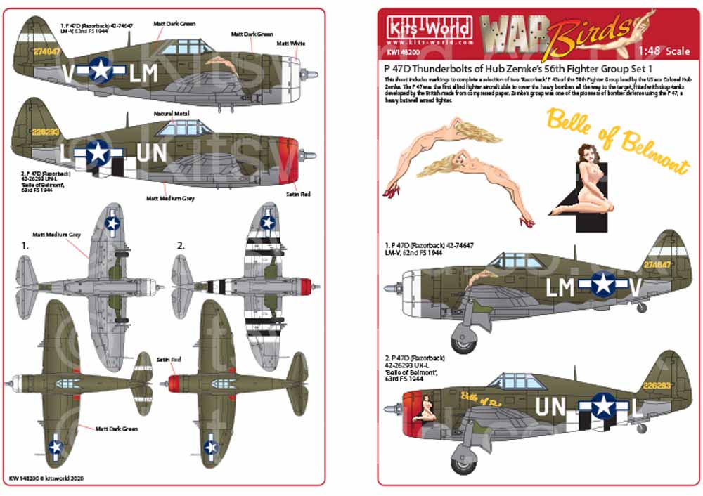 Kits World 148200 Aircraft Decals 1:48 Republic P-47D Thunderbolts razorbacks. T