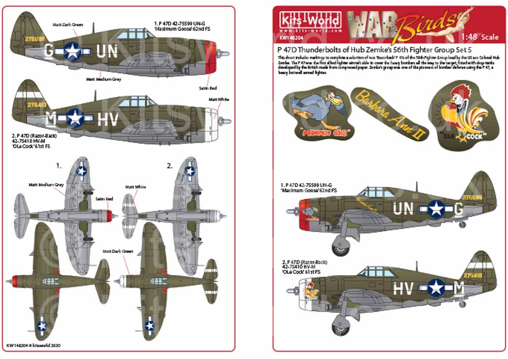 Kits World 148204 Aircraft Decals 1:48 Republic P-47D Thunderbolts razorbacks. T