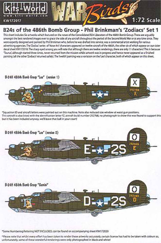 Kits World 172017 Aircraft Decals 1:72 Consolidated B-24H Liberator 834th BS, 48