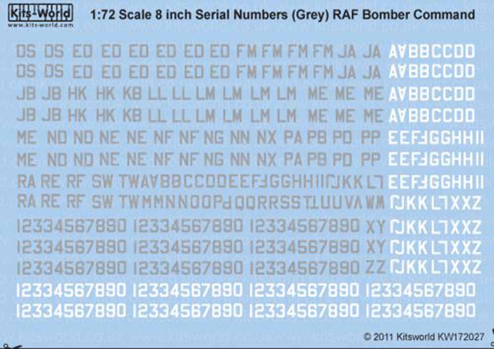 Kits World 172027 Aircraft Decals 1:72 RAF Serial Letters and Numbers 8' m/s/gre