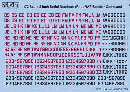 Kits World 172028 Aircraft Decals 1:72 RAF Serial Letters and Numbers 8' Red and