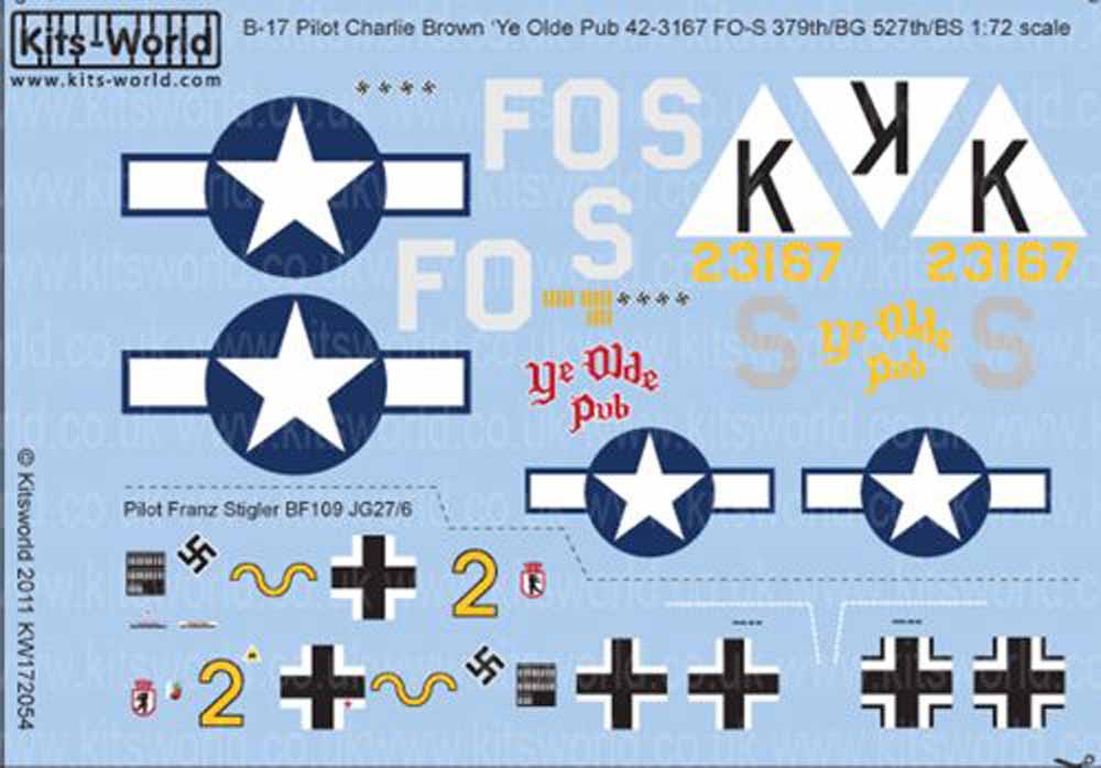Kits World 172054 Aircraft Decals 1:72 Boeing B-17F Fortress 42-3167 FO-S 527thB