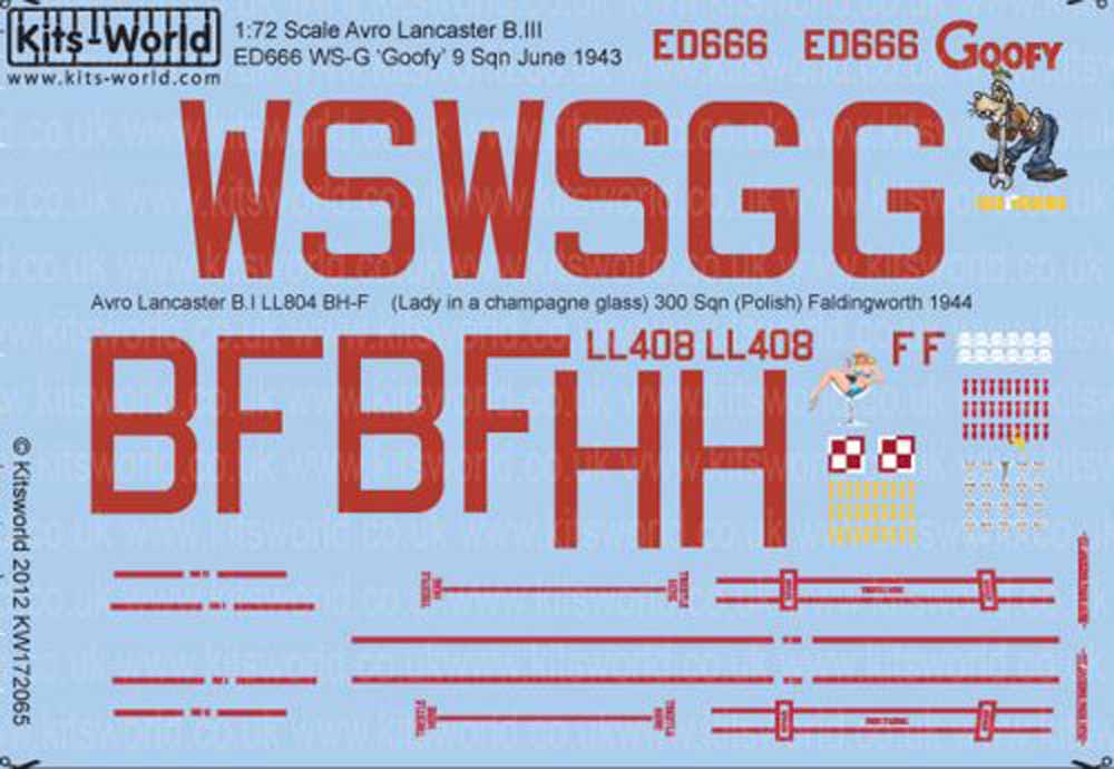 Kits World 172065 Aircraft Decals 1:72 Avro Lancaster B.I/III ED666 WS-G 'Goofy'