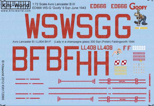 Kits World 172065 Aircraft Decals 1:72 Avro Lancaster B.I/III ED666 WS-G 'Goofy'