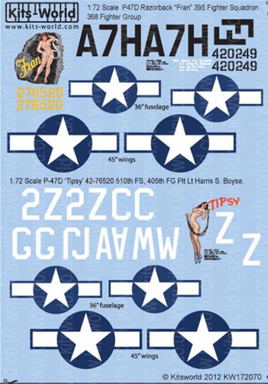 Kits World 172070 Aircraft Decals 1:72 Republic P-47D Thunderbolt 'Razorback' 'F
