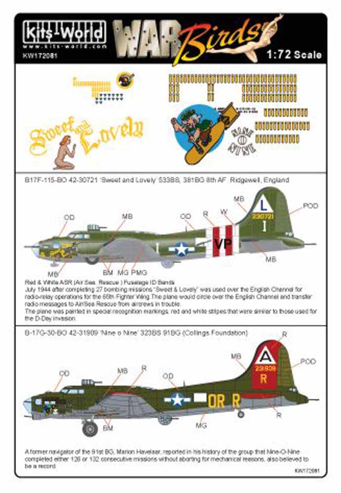 Kits World 172081 Aircraft Decals 1:72 Boeing B-17F-115-BO Flying Fortress 42-30